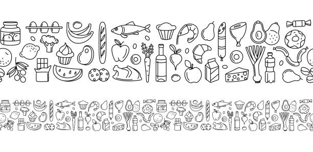 ilustraciones, imágenes clip art, dibujos animados e iconos de stock de patrón sin costuras de supermercado groery tienda de alimentos, bebidas, verduras, frutas, pescado, carne, lácteos, dulces - healthy eating green drink non alcoholic beverage