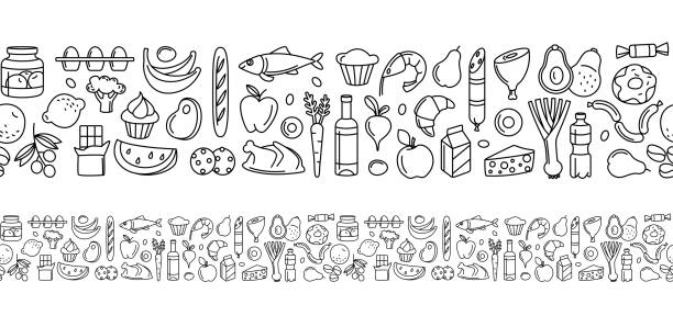 Seamless pattern supermarket groсery store food, drinks, vegetables, fruits, fish, meat, dairy, sweets Supermarket groсery store food, drinks, vegetables, fruits, fish, meat, dairy, sweets market products goods seamless thin line icons background pattern. Vector illustration in linear simple style. supermarket borders stock illustrations