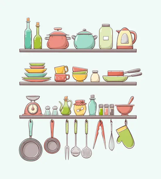 Vector illustration of Cute colorful hand drawn kitchen shelves
