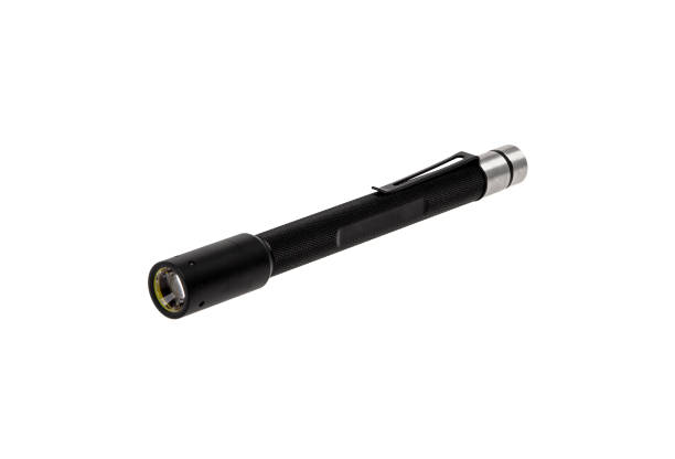 istock modern black metal flashlight isolated on white background 1184875881