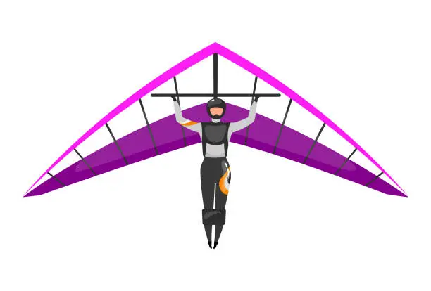 Vector illustration of Hang gliding flat vector illustration. Skydiving, paragliding experience. Extreme sports. Active lifestyle. Outdoor activities. Sportsman isolated cartoon character on white background