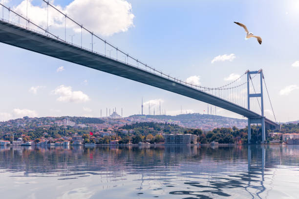 이스탄불을 배경으로 보스포러스 다리와 베일러베이 궁전의 전경 - ortakoy mosque bridge bosphorus istanbul 뉴스 사진 이미지