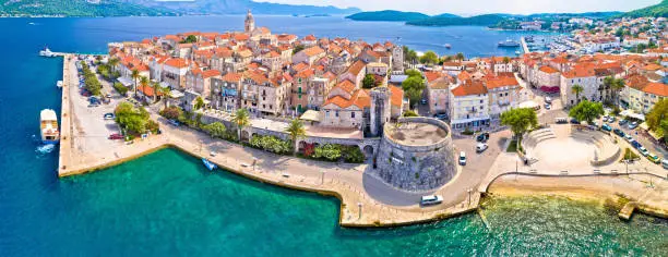 Korcula. Historic town of Korcula aerial panoramic view, island in archipelago of southern Croatia