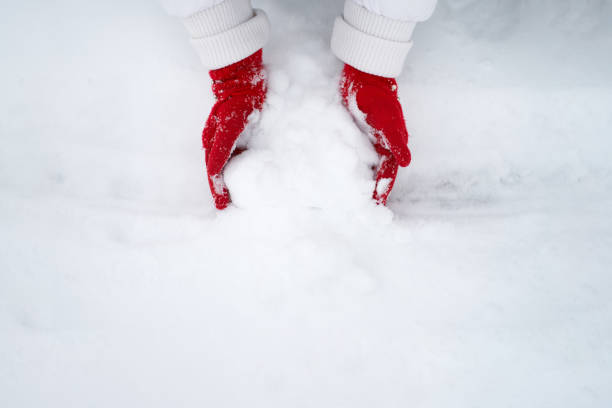 istock Girl's hands in red gloves making snowball 1184885176