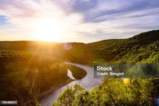 Scenic Delaware River Landscape In The Catskill Mountains And New York State Line Stock Photo - Download Image Now