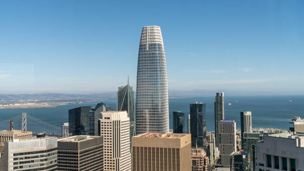 San Francisco cityscape with Salesforce Tower, California, USA San Francisco, California, USA - August 2019: San Francisco cityscape with Salesforce Tower, the highest building in San Francisco skyline san francisco bay area built structure street city street stock pictures, royalty-free photos & images