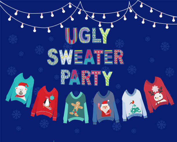 Christmas holiday cute ugly sweater party invitation design Vector hand drawn background with hanging ugly Christmas sweaters  and string lights. Christmas holiday cute ugly sweater party invitation design. christmas sweater stock illustrations