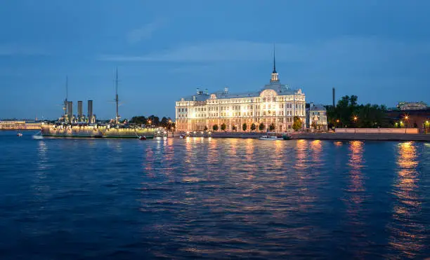 Photo of The cruiser Aurora - a symbol of the October Revolution of 1917 in Russia, moored at the Petrograd embankment in St. Petersburg.