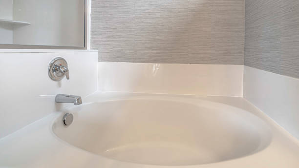 istock Panorama frame White and grey contemporary bathroom interior close 1184896075
