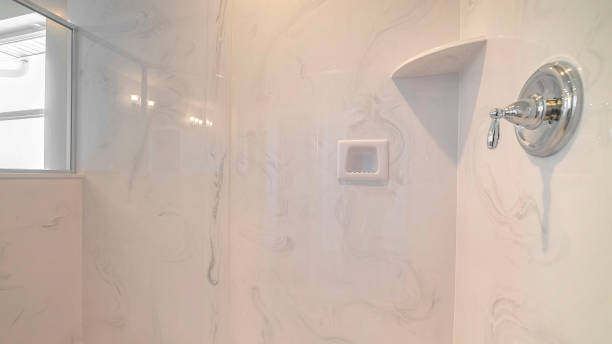 istock Panorama frame Modern marble bathroom shower with glass screen 1184897544