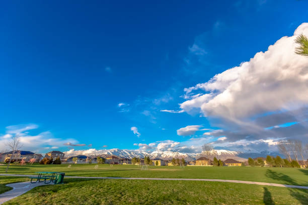 istock Green countryside landscape with blue sky and clouds 1184899114