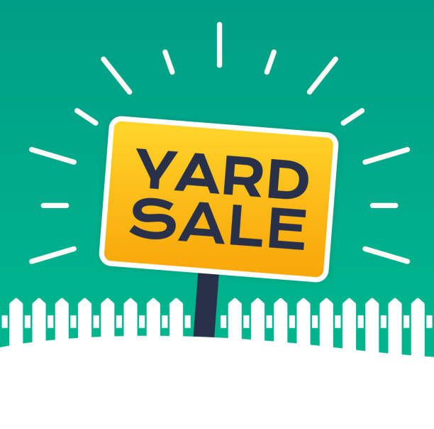 Yard Sale Sign Yard sale sign with white picket fence. second hand stock illustrations