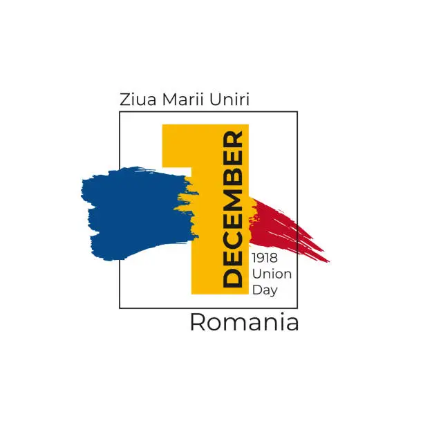 Vector illustration of Romania Great Union Day - 1st december. Romanian greeting card, poster, banner template. Celebration background watercolor ink brush national flag and numeral 1. Vector illustration