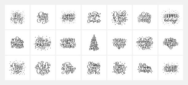 Merry Christmas calligraphy quotes. Happy New Year 2020. Merry Christmas vector script quotes. Happy New Year 2020. Christmas calligraphy phrases. Hand drawn design elements. Vector logo, emblems, text design. Usable for banners, greeting cards, gifts. sayings stock illustrations