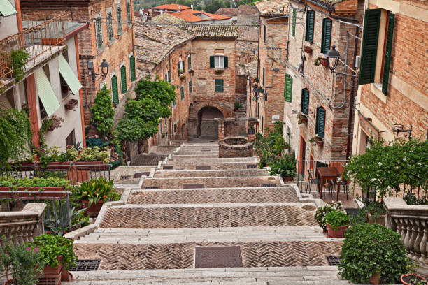 Corinaldo, Ancona, Marche, Italy: the long staircase of the ancient village stock photo