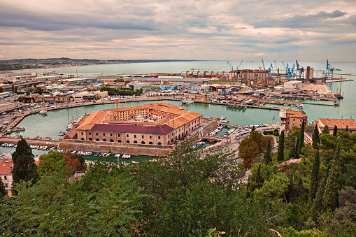 Ancona, Marche, Italy: view of the sheltered harbor for the small boats and fishing vessels with the pentagonal 18th-century building Mole Vanvitelliana