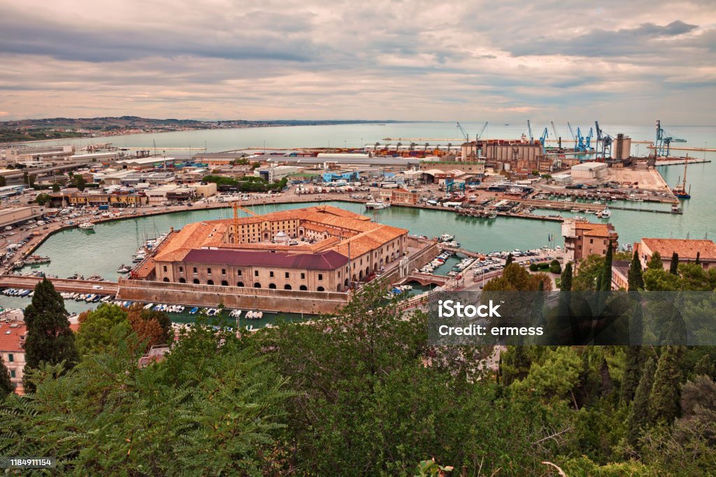 Ancona, Marche, Italy: view of the harbor and the Mole Vanvitelliana Ancona, Marche, Italy: view of the sheltered harbor for the small boats and fishing vessels with the pentagonal 18th-century building Mole Vanvitelliana Ancona Stock Photo