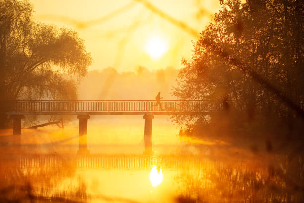 istock Man is running across bridge at sunrise. 1184916782