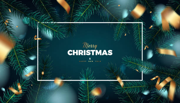 Merry Christmas natural background with fir tree green leaves Merry Christmas red background, abstract festive banner with fir tree forest and golden cerpentine 3d vector design holiday email templates stock illustrations