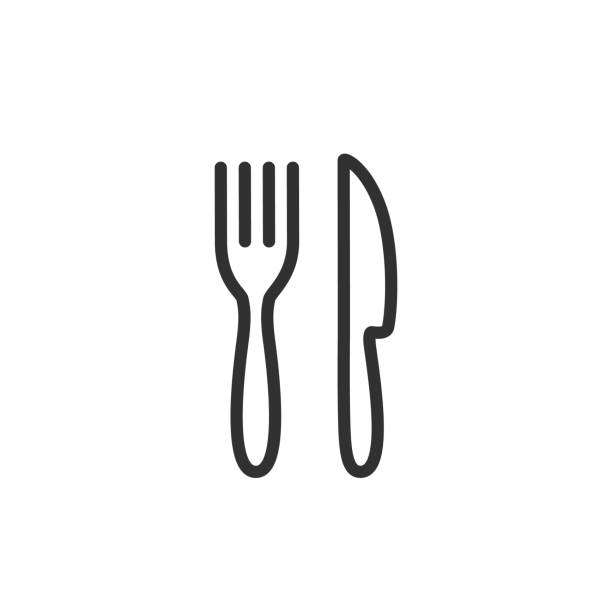 ilustraciones, imágenes clip art, dibujos animados e iconos de stock de horquilla y cuchillo. línea con trazo editable - eating utensil silverware fork spoon