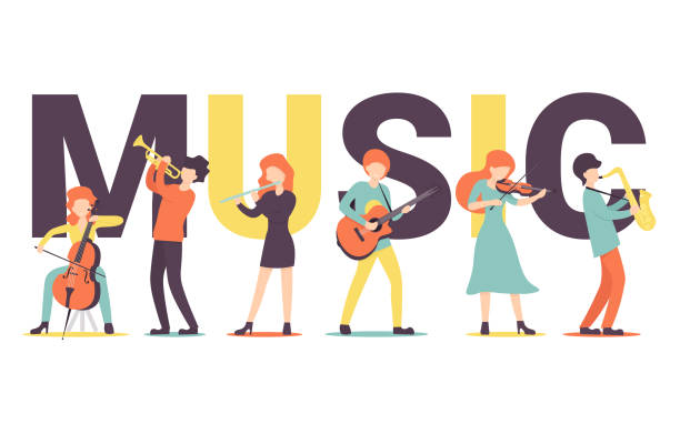 music big text Music word, text, for web page, banner, presentation, social media, posters. Flat vector illustration. musician stock illustrations