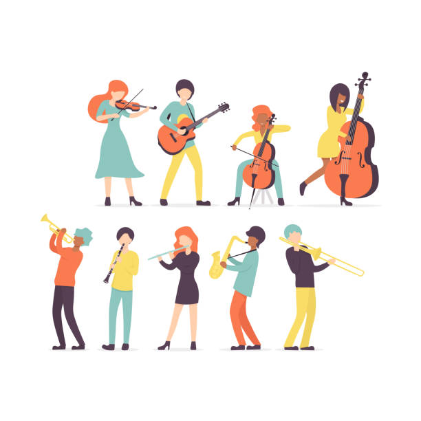 clarinete, saxophone, trumpet, flute, trombone, violin, contrabass, guitar, cello Big flat vector set group of musicians, stringed instruments: violin, contrabass, cello and guitar. Brass and woodwind instruments clarinet, saxophone, trumpet, flute, trombone, . clarinete stock illustrations