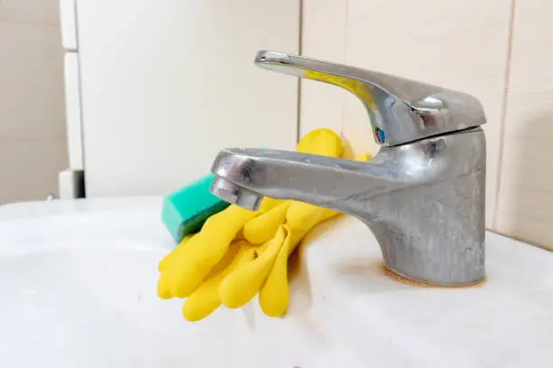 Sponge and gloves for washing dirty faucet with limescale, calcified water tap with lime scale on washbowl in bathroom, house cleaning concept.