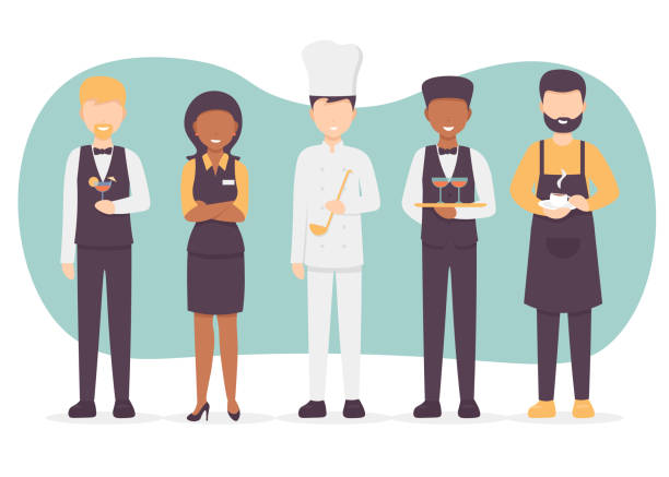 illustrazioni stock, clip art, cartoni animati e icone di tendenza di ristorante personale set - chef