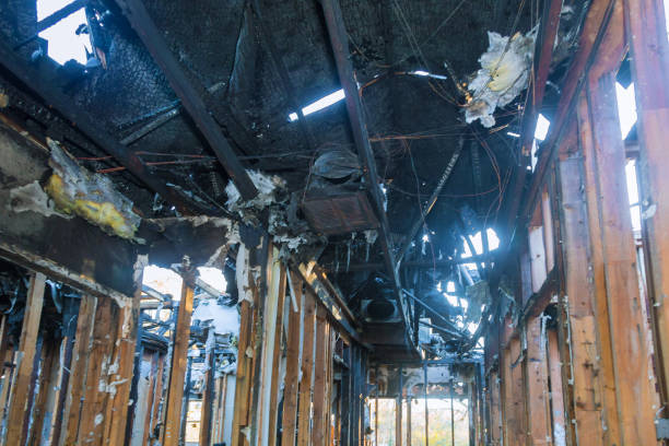 istock Home after fire and burned wooden wall in the area. 1184939313