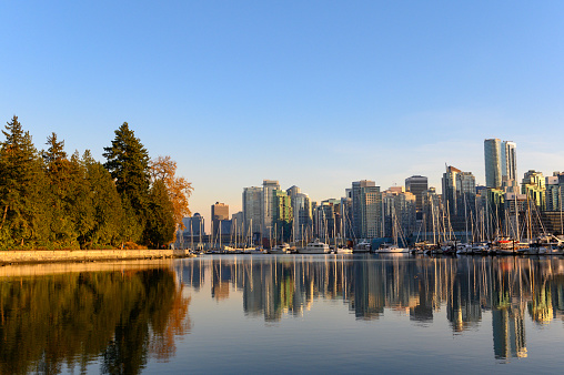 Vancouver skyline at sunset. View from Stanley Park of Coal Harbour.