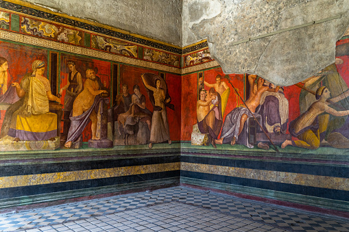 The frescoes of Villa dei Misteri (Villa of the Mysteries), an ancient Roman villa at Pompeii ancient city, Italy