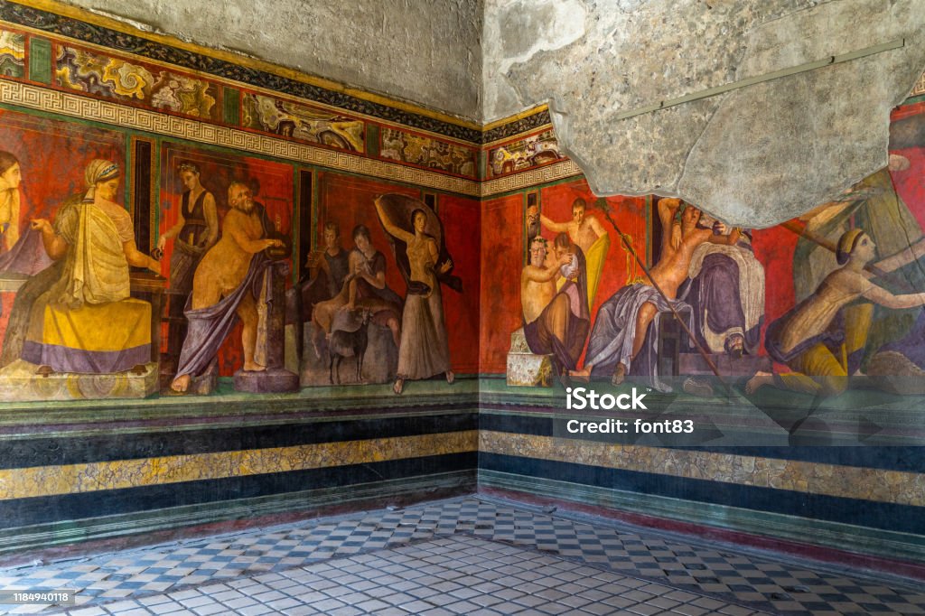 The frescoes of Villa dei Misteri (Villa of the Mysteries), an ancient Roman villa at Pompeii ancient city, Italy Ancient Stock Photo