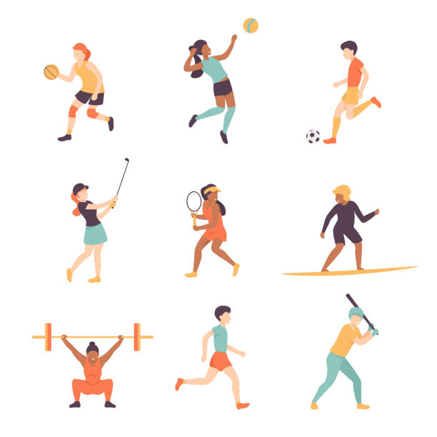 sport people set Professional sport activities set. Men Women sportsmen characters Basketball, Volleyball, Football, Golf, Tennis, Surfing, Weightlifting, Athletics, Baseball. Flat isolated vector illustration. cartoon of the physical fitness stock illustrations