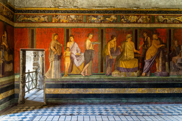 The frescoes of Villa dei Misteri (Villa of the Mysteries), an ancient Roman villa at Pompeii ancient city, Italy The frescoes of Villa dei Misteri (Villa of the Mysteries), an ancient Roman villa at Pompeii ancient city, Italy fresco photos stock pictures, royalty-free photos & images