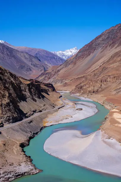 Confluence of the Indus and Zanskar rivers Located in Leh, Ladakh, Jammu and Kashmir, India.
