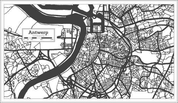 ilustrações de stock, clip art, desenhos animados e ícones de antwerp belgium city map in black and white color. outline map. - antuerpia