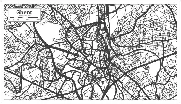 Vector illustration of Ghent Belgium City Map in Black and White Color. Outline Map.