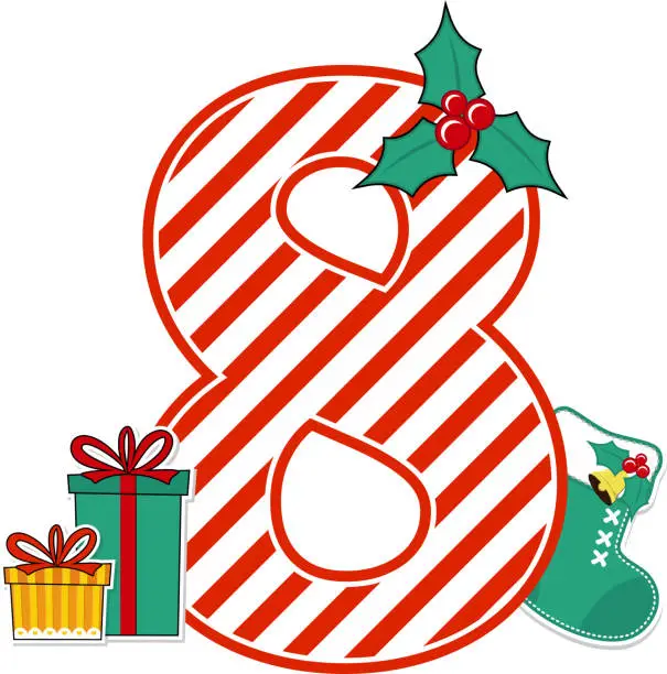 Vector illustration of Christmas decoration number 8 with candy cane pattern