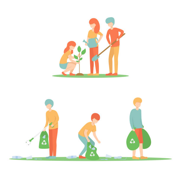 set clean up the trash and plant a tree Set a group of young people collect and sort garbage. Volunteers plant trees and care about the frequency of the city. Flat vector illustration. utilize stock illustrations
