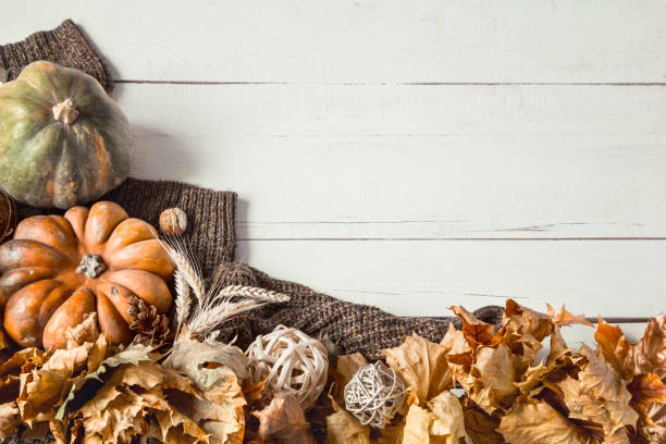 istock Autumn background with decorative items and pumpkin. 1184970161