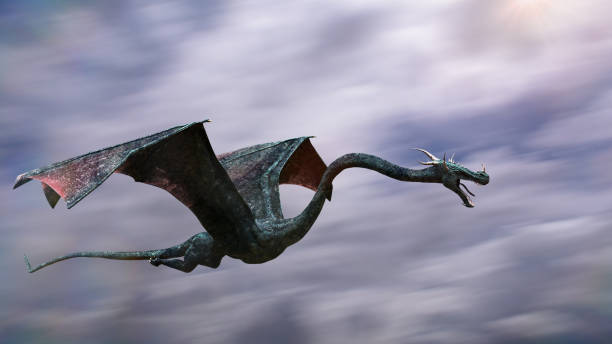 istock dragon, winged green creature is flying fast 1184976508