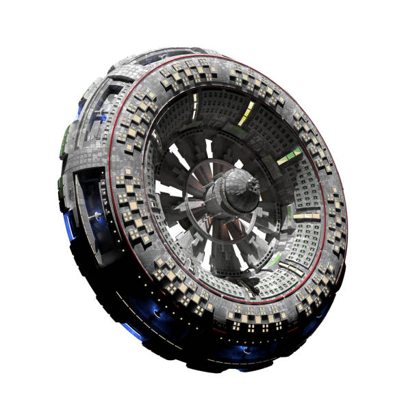 orbital station concept, spacecraft with artificial gravity wheel in outer space