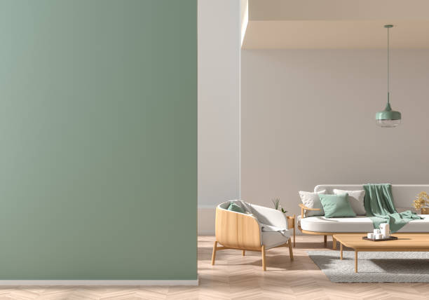 istock Empty wall mock up in Scandinavian style interior with copy space. Minimalist interior design with wooden furnitures. 3D illustration. 1184977160