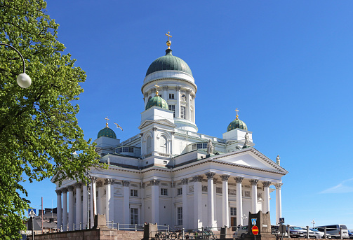 white cathedral of Helsinki lying in sunlight on a springtime day