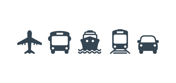Transport icons. Airplane, Public bus, Train, Ship/Ferry and auto signs. Shipping delivery symbol. Air mail delivery sign. Vector Transport icons. Airplane, Public bus, Train, Ship/Ferry and auto signs. Shipping delivery symbol. Air mail delivery sign. Vector ferry stock illustrations