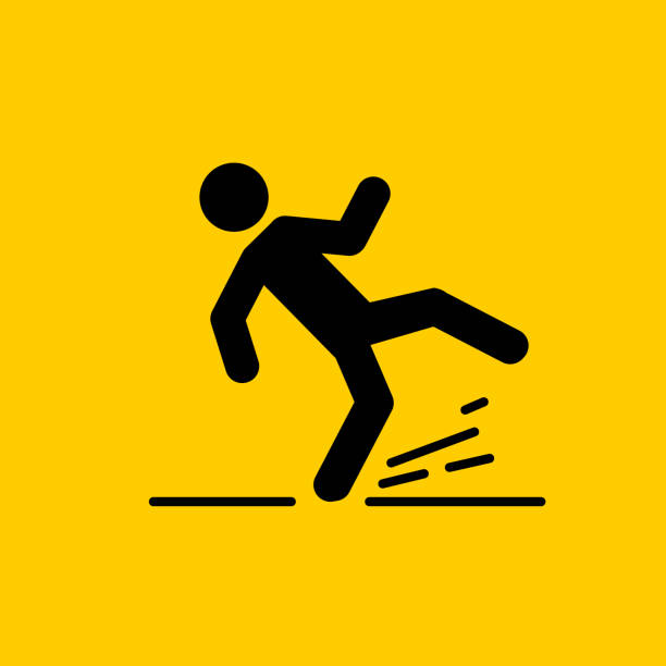 젖은 바닥 기호, 떨어지는 남자와 노란색 삼각형. 격리된 벡터 그림입니다. - floor wet slippery danger stock illustrations