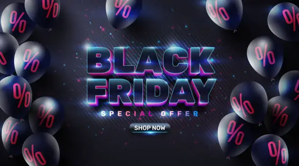 Vector illustration of Black Friday Sale Poster with black balloons for Retail,Shopping or Black Friday Promotion in sparkling and neon light style.Vector illustration EPS10