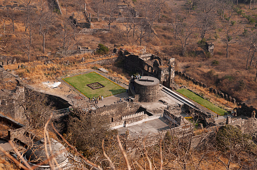 AURANGABAD, MAHARASHTRA, February 2019, Tourist at Daulatabad fort with visible building structure and canon