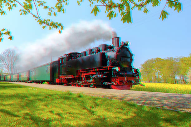 Historical German steam train in spring, Rugen, Germany, 3d anaglyph effect