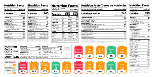 Nutrition facts Label. Vector illustration. Set of tables food information. Nutrition facts Label. Vector. Food information with daily value. Data table ingredients calorie, fat, sugar. Package template. Flat illustration isolated on white background. Layout design ingredient stock illustrations